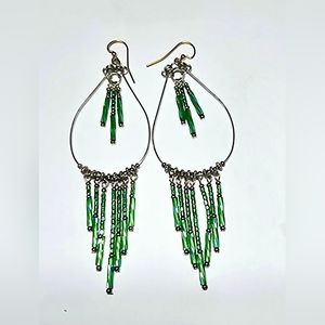 Vintage Southwestern large teardrop hoops green beaded fringe earrings